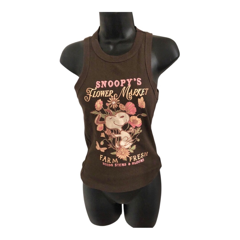 Peanuts Snoopy flower market farm fresh graphic print brown racerback tank top